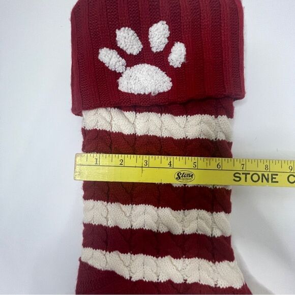 Red and White Cable Knit Christmas Stocking with Paw Print and Pom Poms - Picture 2 of 7